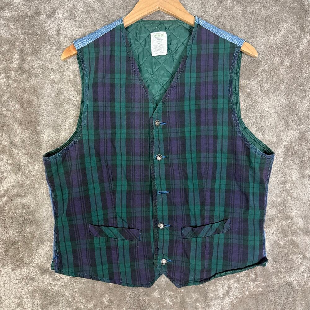 Vintage 90s Old Navy Vest Tartan Plaid Quilted Chambray M Medium Blue Green